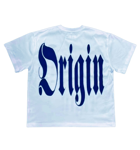 IBeorigin T-Shirt (Pre-Order) in white with bold navy 'Origin' text on the back, blending streetwear style with cultural pride.