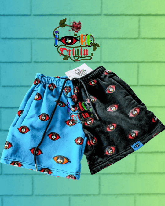 Fleece Bright Shorts Comfort & Style for All Ages in blue and black with eye logo print and drawstring waist.