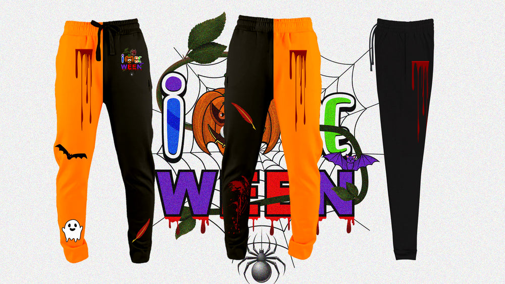 IBeOrigin Halloween joggers for men with black and orange colors featuring spooky designs and Halloween-themed graphics