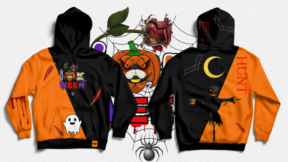 IBeOrigin Hunter Halloween hoodie with orange and black design featuring ghosts, bats, and spooky pumpkin graphics