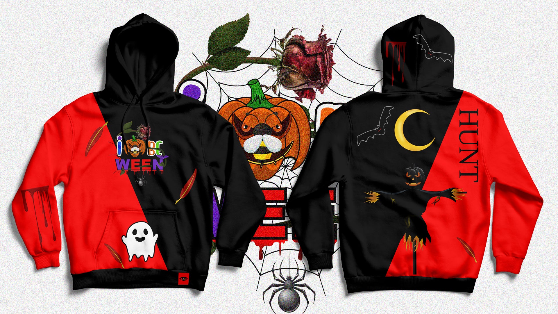 IBeOrigin Hunter Halloween hoodie with red and black color, ghost and pumpkin designs on front and spooky night scene on back