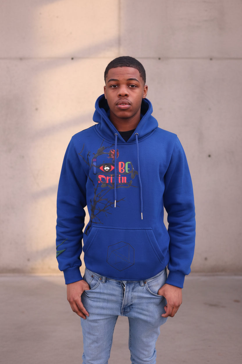 IBeOrigin Puff Grow Hoodie in blue with artistic tree and leaf design on front and back