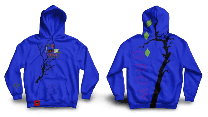 IBeOrigin Puff Grow Hoodie in blue with artistic tree and leaf design on front and back