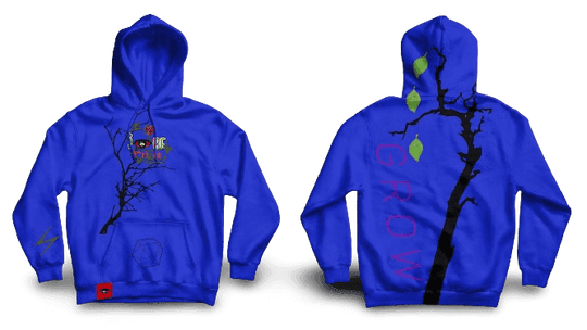 IBeOrigin Puff Grow Hoodie in blue with artistic tree and leaf design on front and back