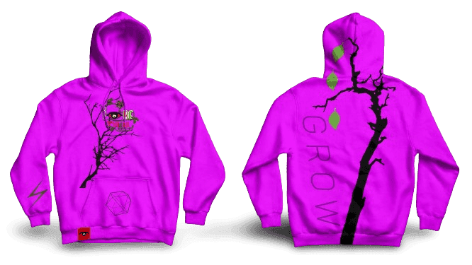 IBeOrigin Puff Grow Hoodie in vibrant purple with tree branch and leaf graphic designs on front and back