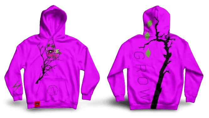 IBeOrigin Puff Grow Hoodie in vibrant purple with tree branch design and green leaves on front and back