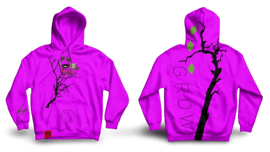 IBeOrigin Puff Grow Hoodie in vibrant purple with tree branch design and green leaves on front and back