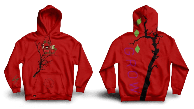 Red Puff Grow Hoodie by IBeOrigin featuring black tree branch and green leaf design on front and back