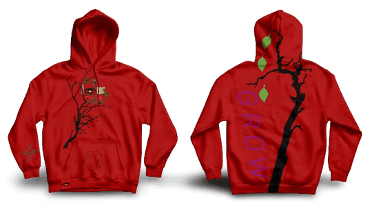 Red Puff Grow Hoodie by IBeOrigin featuring black tree branch and green leaf design on front and back