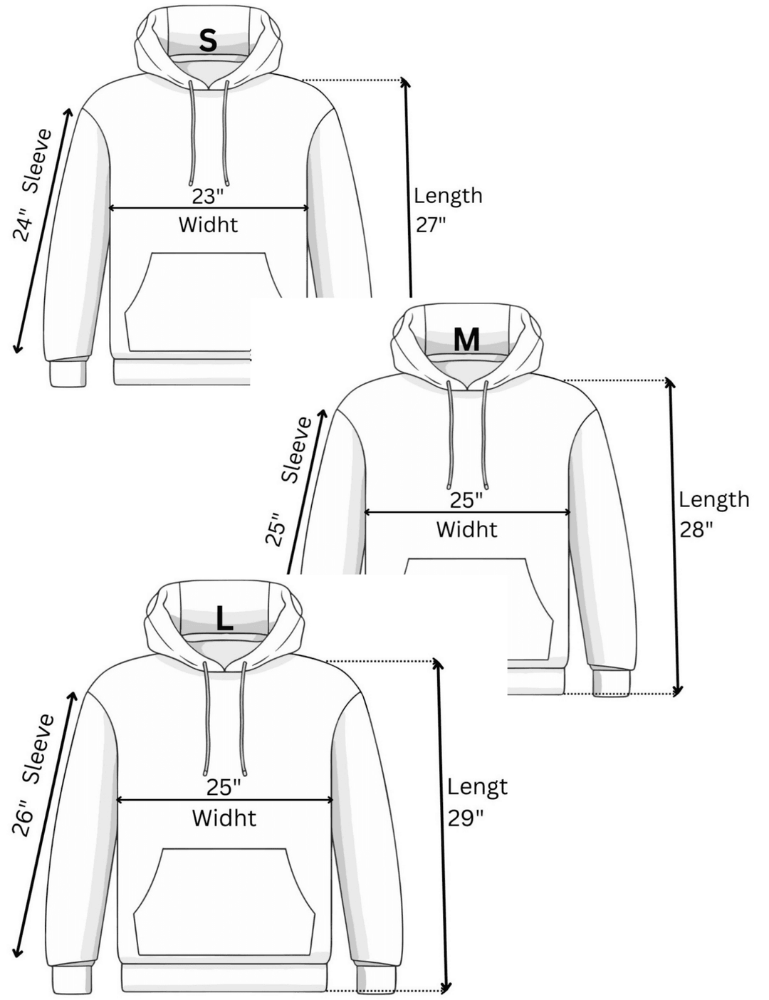IBeOrigin Puff Grow Hoodie size chart with measurements for small, medium, and large hoodies