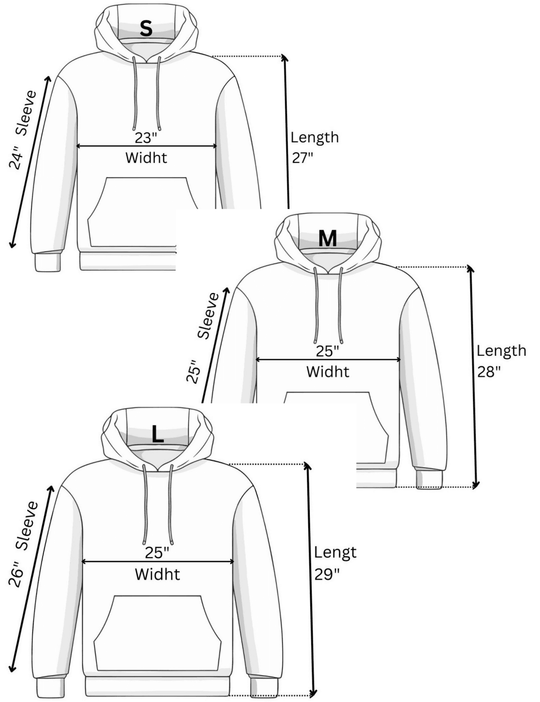 IBeOrigin Puff Grow Hoodie size chart with measurements for small, medium, and large hoodies