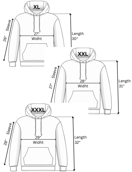 IBeOrigin Puff Grow Hoodie size chart showing measurements for XL, XXL, and XXXL hoodies