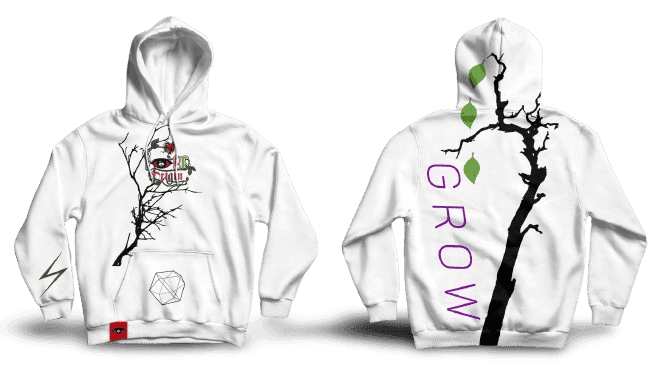 IBeOrigin Puff Grow Hoodie white with black tree branch design and purple GROW text on back