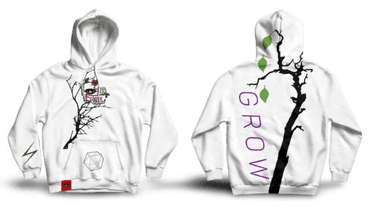 IBeOrigin Puff Grow Hoodie white with black tree branch design and purple GROW text on back