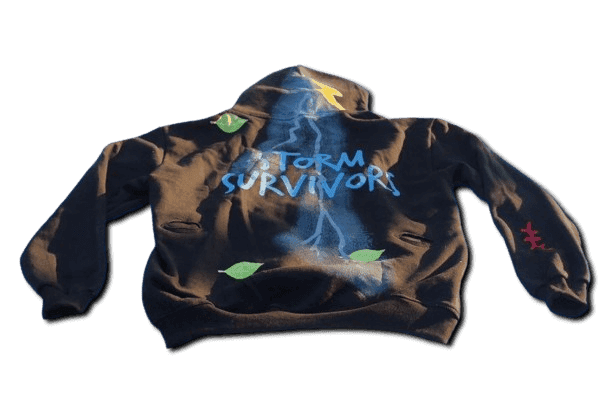 Black Storm Survivors hoodie by IBeOrigin with blue lightning and green leaf designs on the back