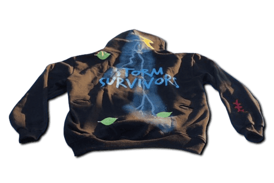 Black Storm Survivors hoodie by IBeOrigin with blue lightning and green leaf designs on the back