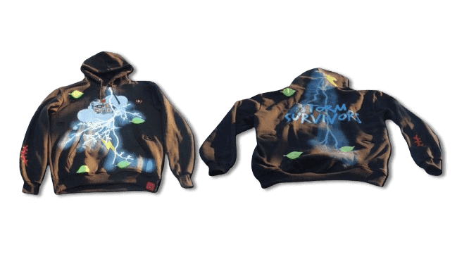 Black Storm Survivors hoodie by IBeOrigin with blue lightning and green leaf designs on the front and back