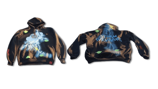 Black Storm Survivors hoodie by IBeOrigin with blue lightning and green leaf designs on the front and back