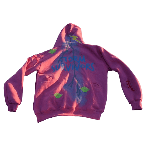 Pink Storm Survivors hoodie by IBeOrigin with blue lightning and green leaf designs on the back