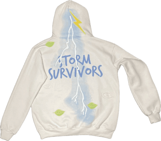 White Storm Survivors hoodie by IBeOrigin with blue lightning and green leaf designs on the back