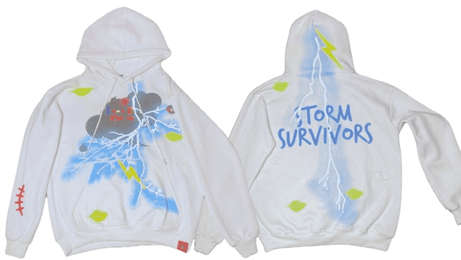 White Storm Survivors hoodie by IBeOrigin with blue lightning and green leaf designs on the front and back