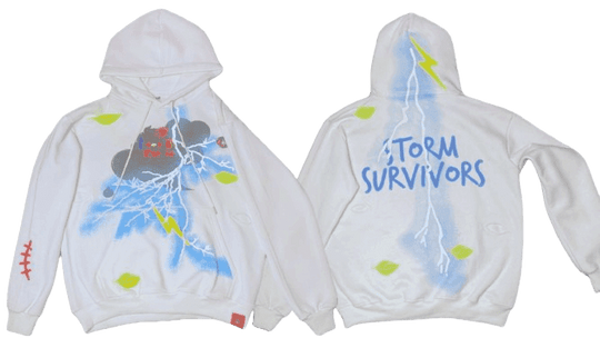 White Storm Survivors hoodie by IBeOrigin with blue lightning and green leaf designs on the front and back