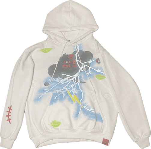 White Storm Survivors hoodie by IBeOrigin with blue lightning and green leaf designs on the front