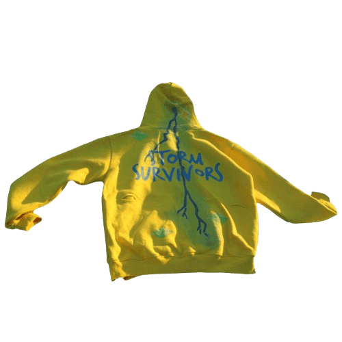 Yellow Storm Survivors hoodie by IBeOrigin with blue lightning and green leaf designs on the back