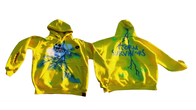 Yellow Storm Survivors hoodie by IBeOrigin with blue lightning and green leaf designs on the front and back