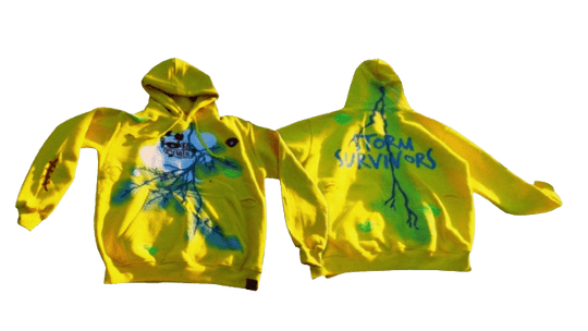 Yellow Storm Survivors hoodie by IBeOrigin with blue lightning and green leaf designs on the front and back