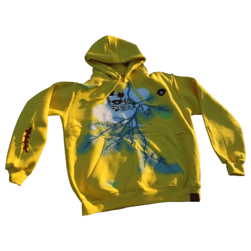 Yellow Storm Survivors hoodie by IBeOrigin with blue lightning and green leaf designs on the front