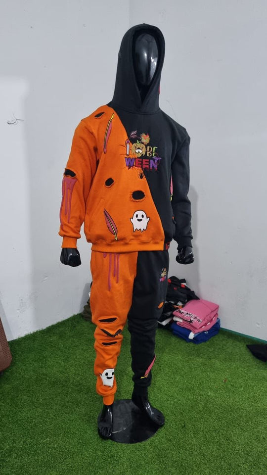 IBeOrigin Halloween hoodie and jogger pant set in black and orange with ghost and dripping paint design