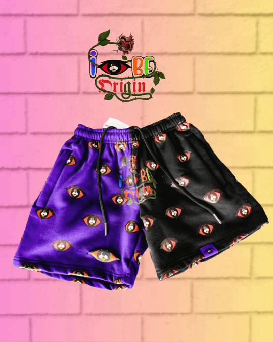 Fleece Bright Shorts Comfort & Style in purple and black colorways with drawstring waist and logo detail.